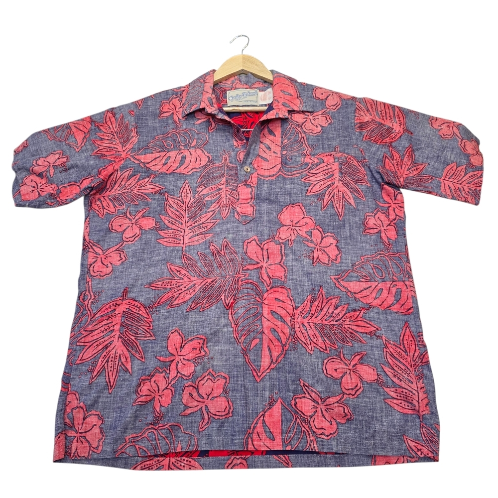 VTG Charlie Richard Shoreline Red/Blue 1/4 Button Up Hawaiian Shirt, Men's Sz XL